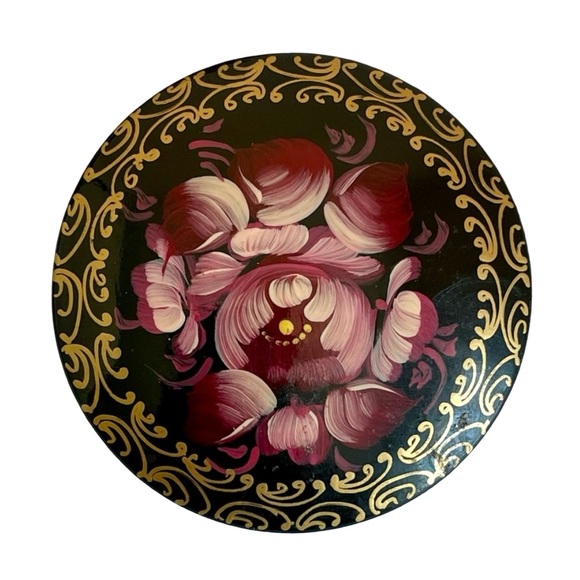 Vintage Signed Russian Floral Hand-Painted Wood Brooch - Picture 3 of 5